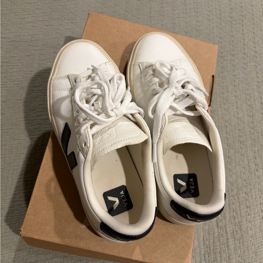 Veja Leather Sneakers in White with Black V Heel Tab - Picture 3 of 5